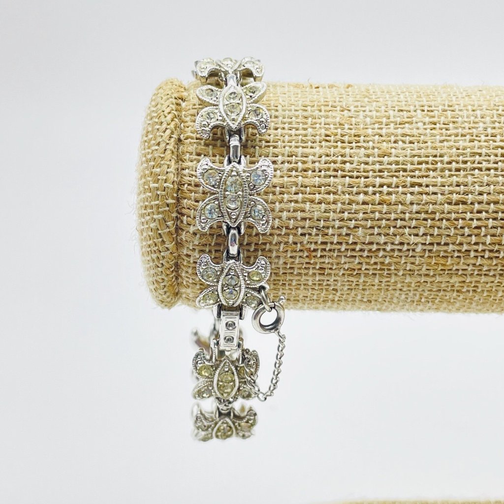 Vintage Signed Bogoff Rhinestone Flower Link Bracelet Gift